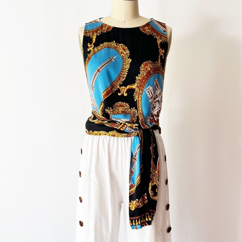 Anthropologie Sleeveless Wrap Top Black Blue Paris Scarf Print Baroque Travel